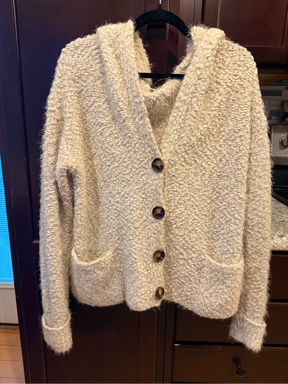 Cozy Hooded Bouclé Button-Front Sweater - Cream